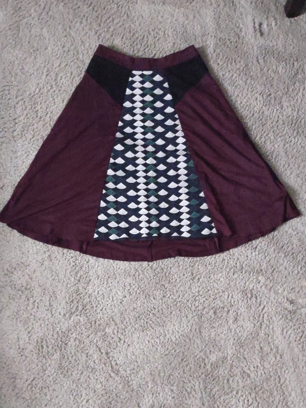 A Line Skirt, Maroon with black at hips and patterned inset. Small.